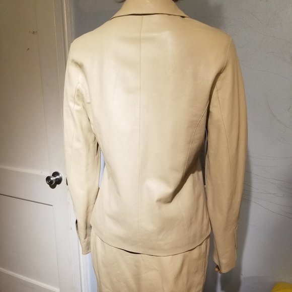 SOLD suit soft leather &silk light coffee JACKET /SKIRT - Picture 14 of 16